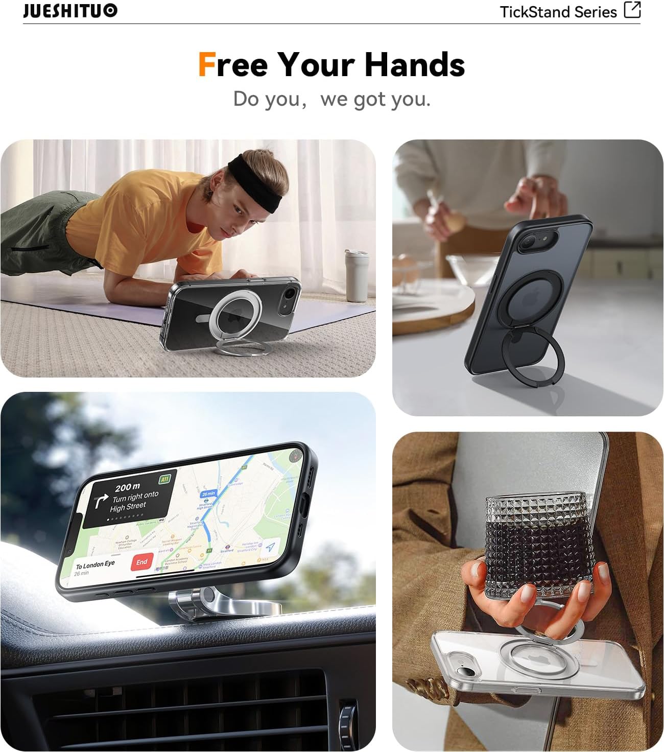 JUESHITUO 3 in 1 for iPhone 16 E Case, [Non-Yellowing] 360° Rotatable Magnetic Ring Stand with [1X Screen Protector] Slim iPhone 16 E Phone Cover 6.1'', Black Titanium - Image 5