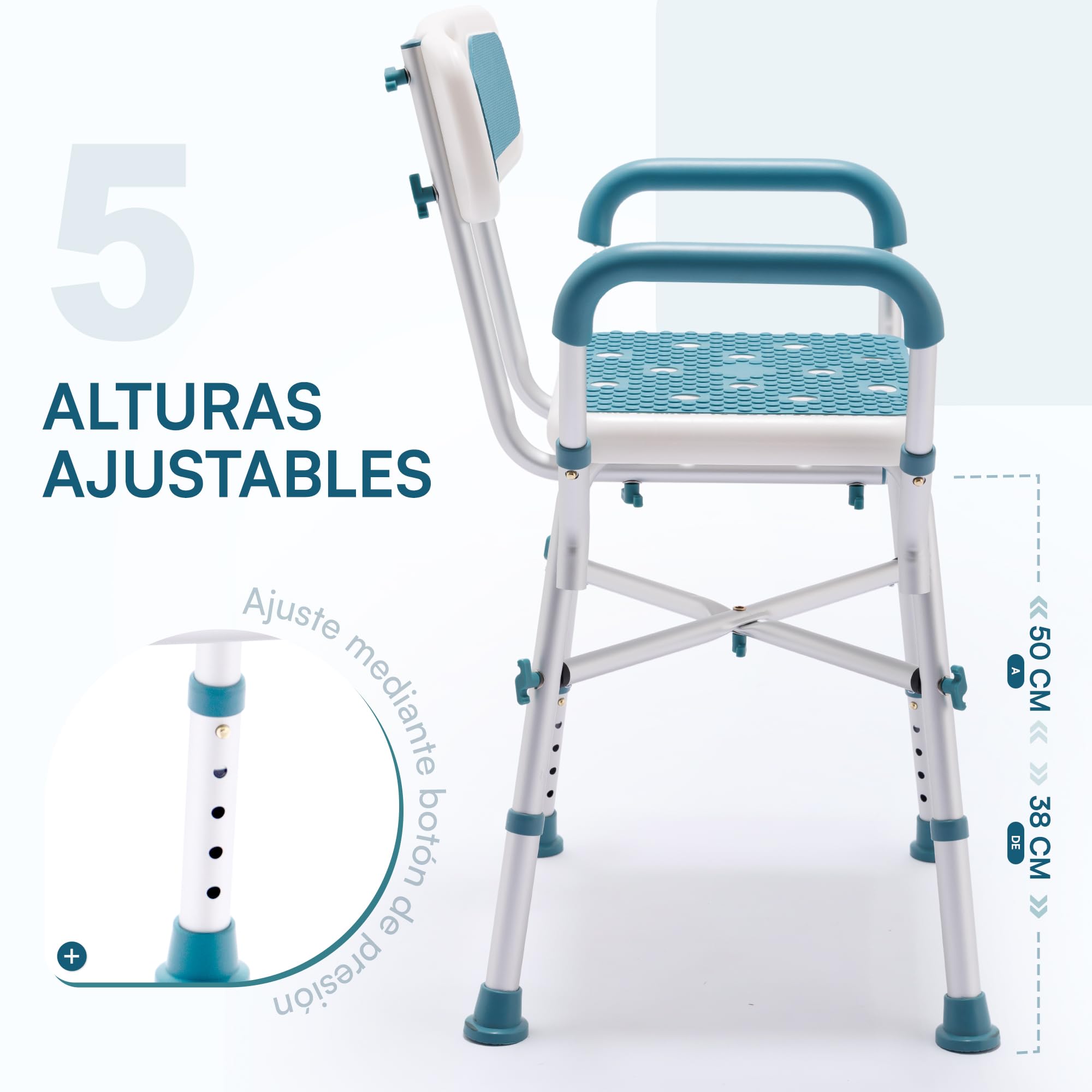 Silla de ducha con respaldo y reposabrazos, taburete de ducha ajustable en altura para personas mayores, asiento de ducha antideslizante con respaldo extraíble, taburete de baño para ducha y