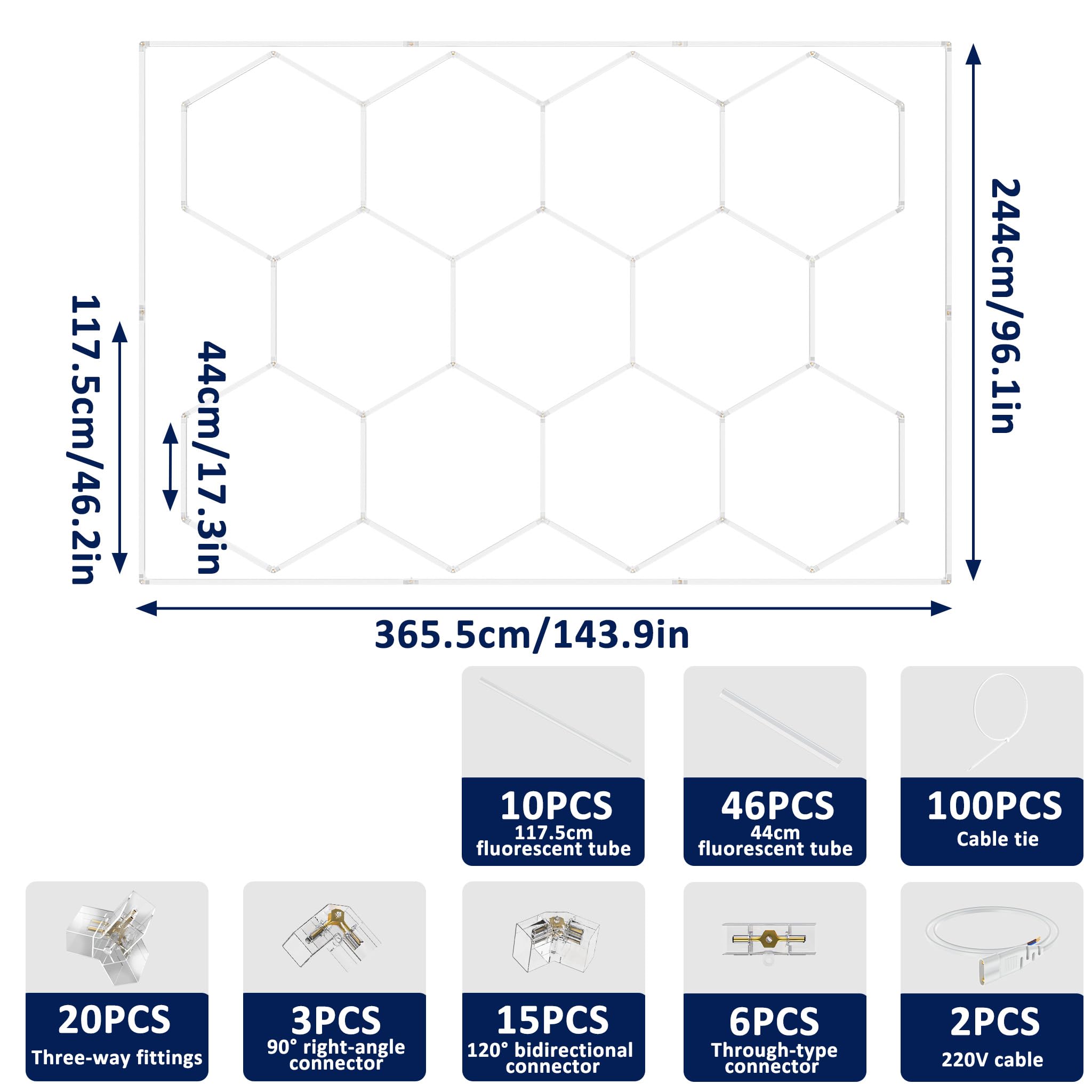 UISEBRT Hexagon LED Deckenleuchte,11 Hexs Garagenbeleuchtung mit Rechteck,IP44 flimmerfrei Werkstattbeleuchtung LED-Deckenleuchten 6500K Weiß für Garage, Werkstatt, Lager, Keller, Fitnessstudio,Salon