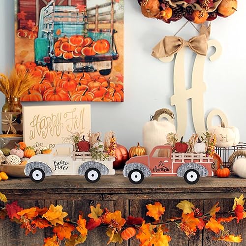 Miniatura 6 de NEEDOMO Decoraciones de otoño para el hogar, paquete de 2 camiones de madera de tamaño grande con decoración de otoño de calabaza, juego de camión