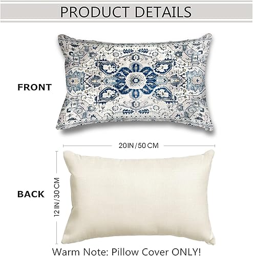 Miniatura 2 de Snycler Juego de 2 fundas de almohada de estilo bohemio azul con patrón étnico de lino, alfombra persa, patrón tribal, funda de cojín de 12 x 20