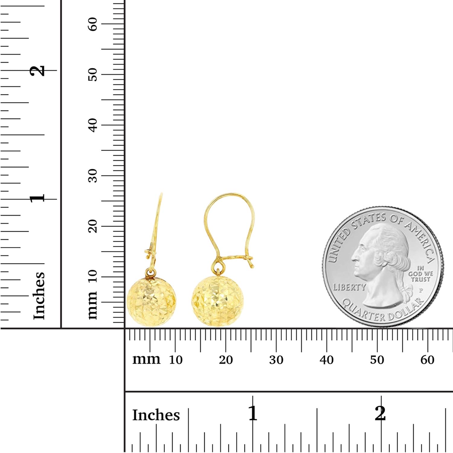 14K Gold Yellow 10MM Diamond Cut Dangling Ball Earring