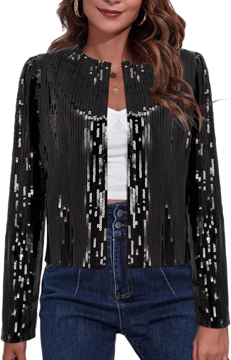 TYNORA Women’s Sequin Jackets Long Sleeve Open Front Coat Glitter Short Blazer Casual Coat Party Club