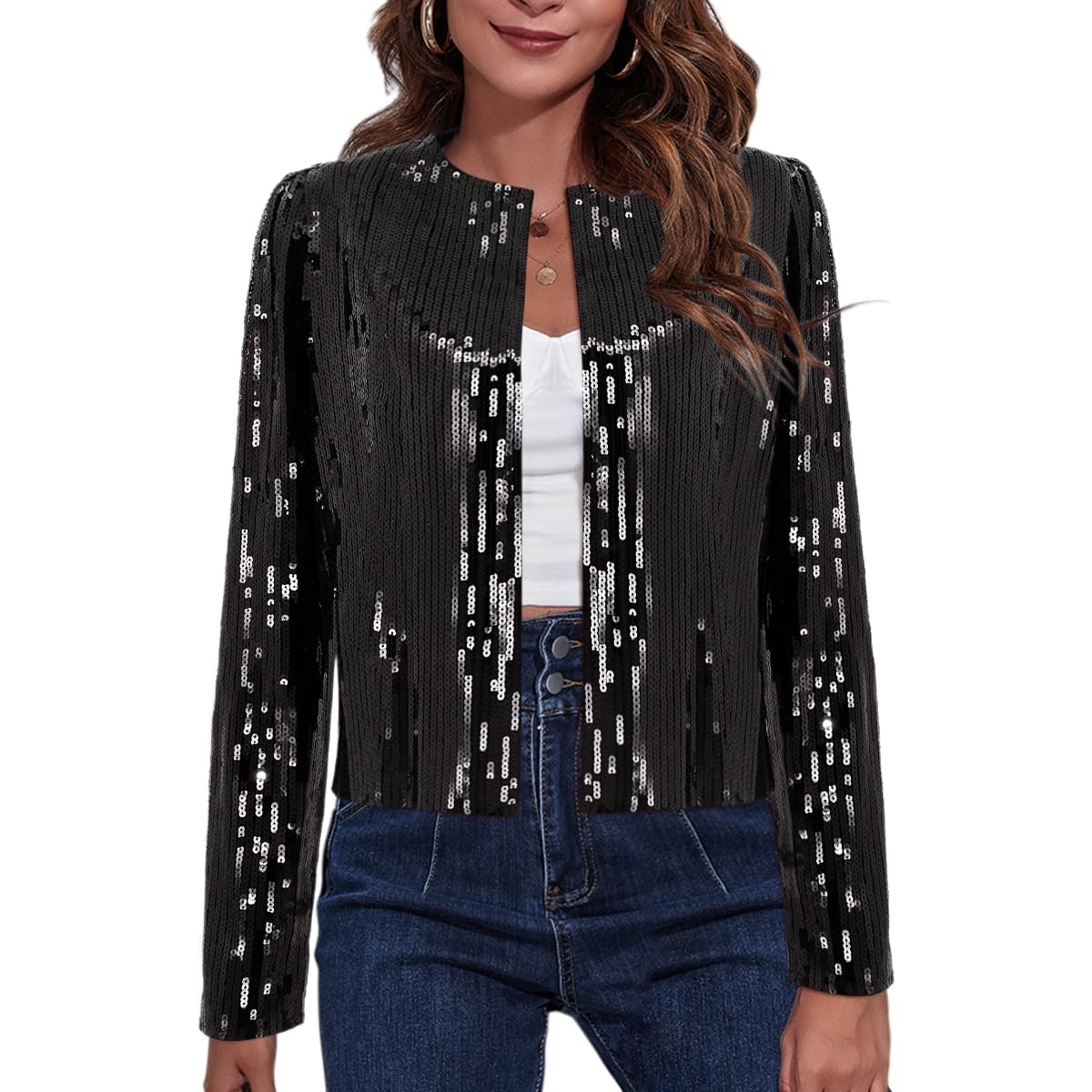 TYNORA Womens Sequin Jackets Long Sleeve Open Front Coat Glitter Short Blazer Casual Coat Party Club