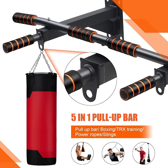Wall Mounted Pull Up Bar, Multi-Grip Chin Up Bar Up to 440lbs, with 6 Foam Padded Hand Grips and 2 Suspension Hooks, Upper Body Workout Bar for Home Gym Exercise, Strength Training
