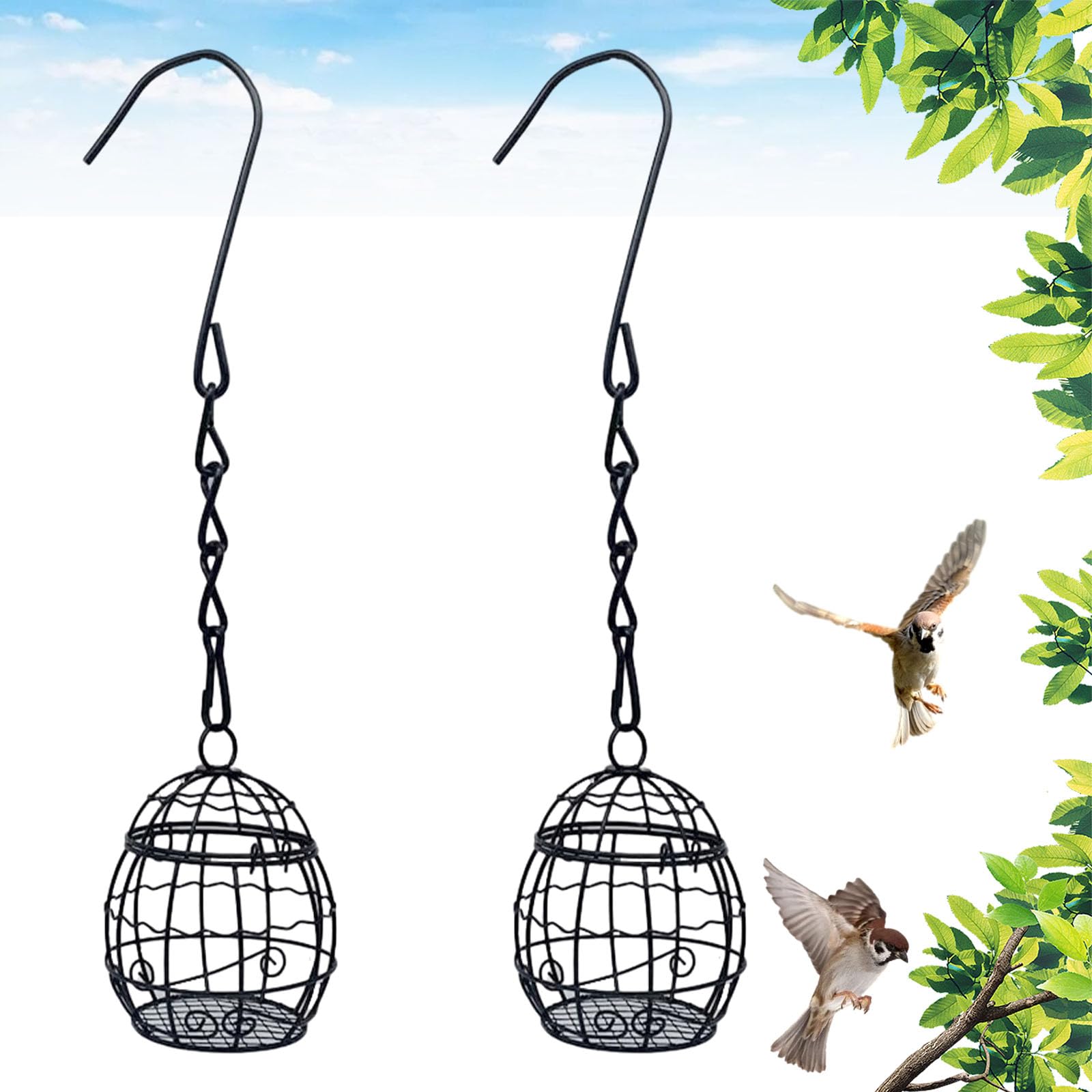 Comedero para Pájaros de Metal para Exteriores, 2 Piezas Alimentadores de Bolas Colgantes, Grasa Alimentador Pájaros, Estación de Alimentación para Pájaros, Comedero Pajaros Exterior(Negro)