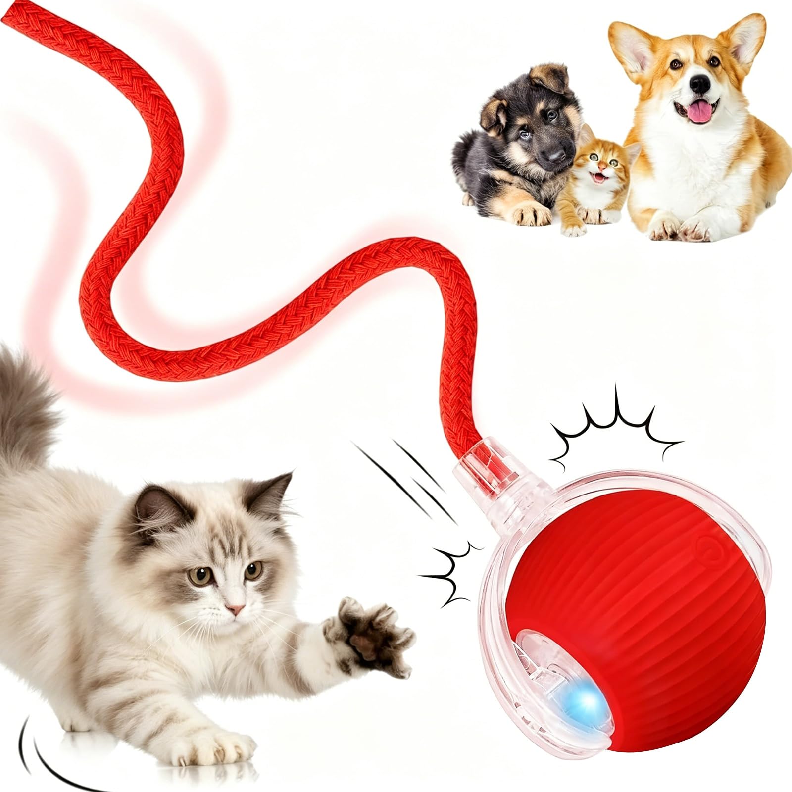 Interactive Cat Toys, Electric Automatic Toys for Indoor Cats, 360° Active Rolling Smart Dog Ball, Moving Cat Toys Ball with Tail, USB Rechargeable Pet Toy, Stimulate Hunting Instincts (Red)