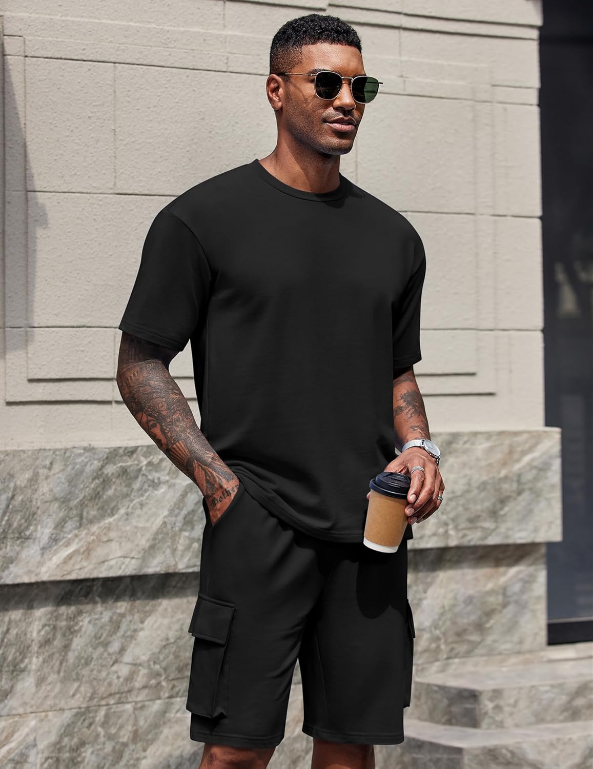 COOFANDY Men's Shirt and Shorts Set 2 Piece Fashion Summer Tracksuits Cotton Oversized T-Shirts Cargo Shorts Outfits - Image 3