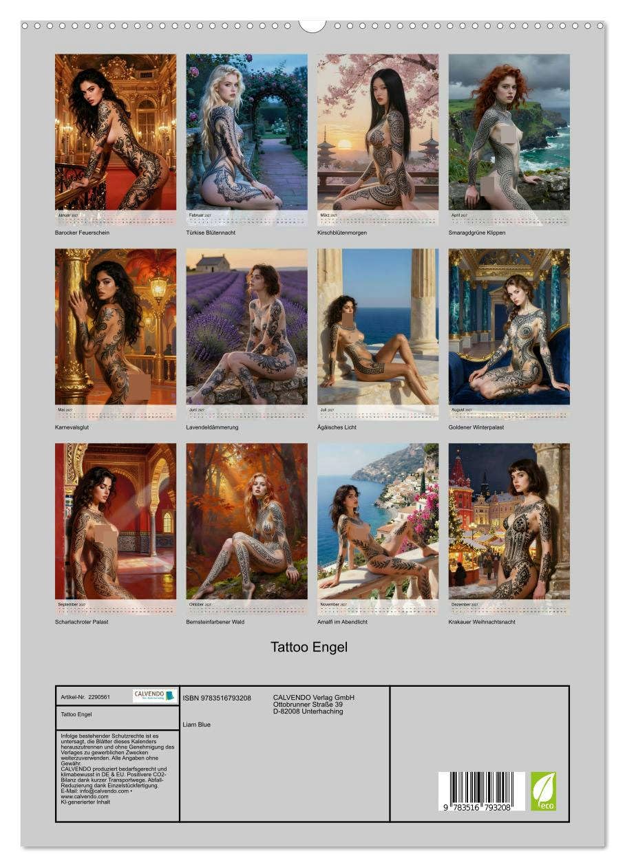 Tattoo Engel (hochwertiger Wandkalender 2027 DIN A2 hoch), Kunstdruck in Hochglanz: Verführerische Schönheiten mit ornamentalen Tattoos (CALVENDO Erotik)
