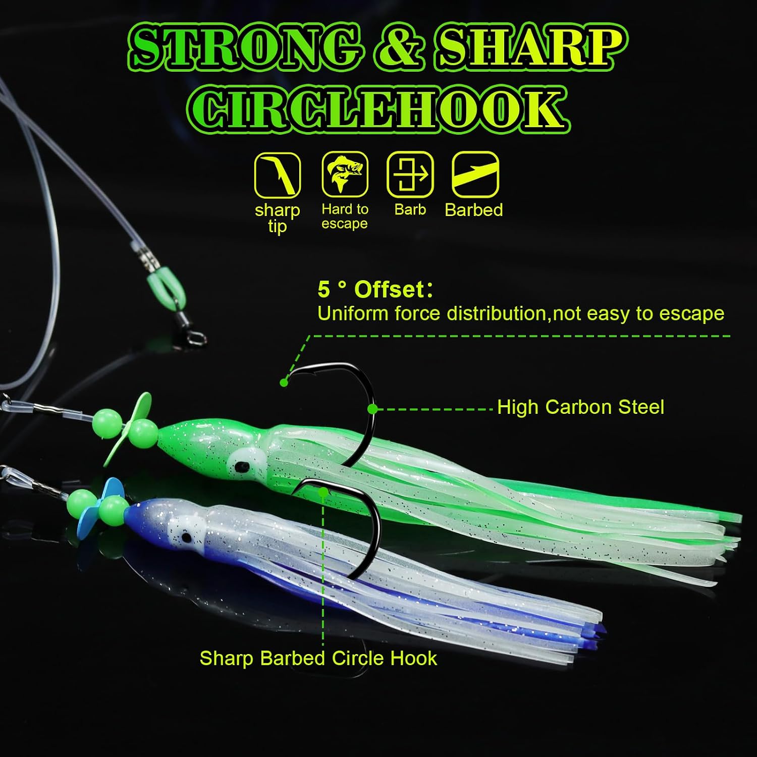 2 Pcs Deep Drop Rig, Glow Squid Lures with 3/6 Hooks, 200lb Leader & 6/0 8/0 Circle Hooks, Saltwater Flounder Halibut Rigs Glow in Dark