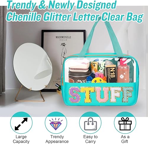 Miniatura 9 de izuzta Bolsas de maquillaje transparentes con letras de chenilla, bolsa de maquillaje preppy con asa, COSA-Verde, Moda