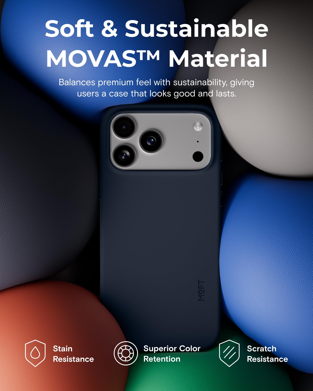 MOFT MOVAS wegańskie etui na telefon iPhone 17 Pro, etui skórzane, magnetyczne etui, miękkie uderzenia, zachowanie koloru, odporne na plamy, łatwe do czyszczenia, granatowe