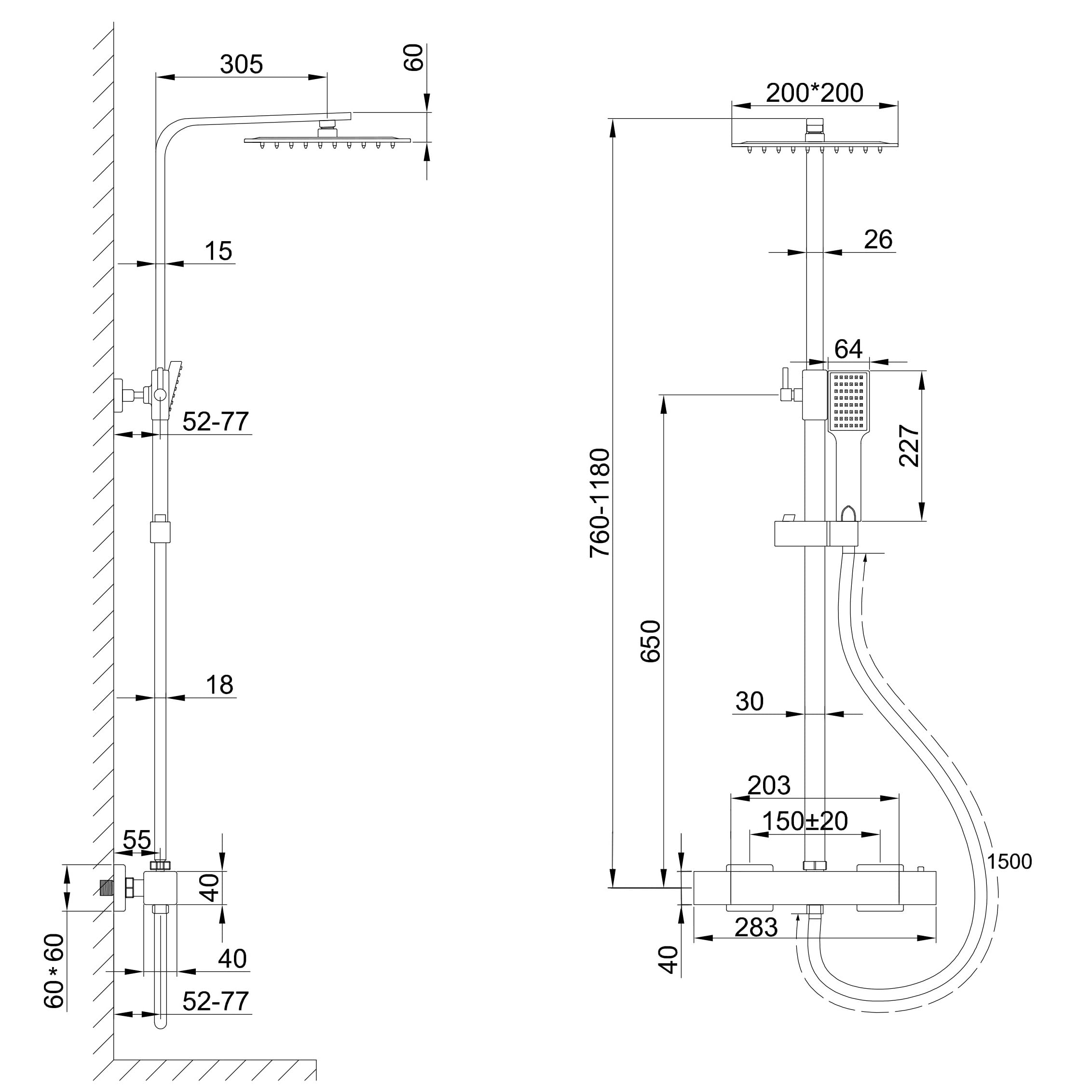 Sistema de columna de ducha termostática con mezclador termostático, ducha de mano cuadrada y ducha con cabezal, columna de ducha ajustable en altura 760-1180mm,cromado (cuadrado1)