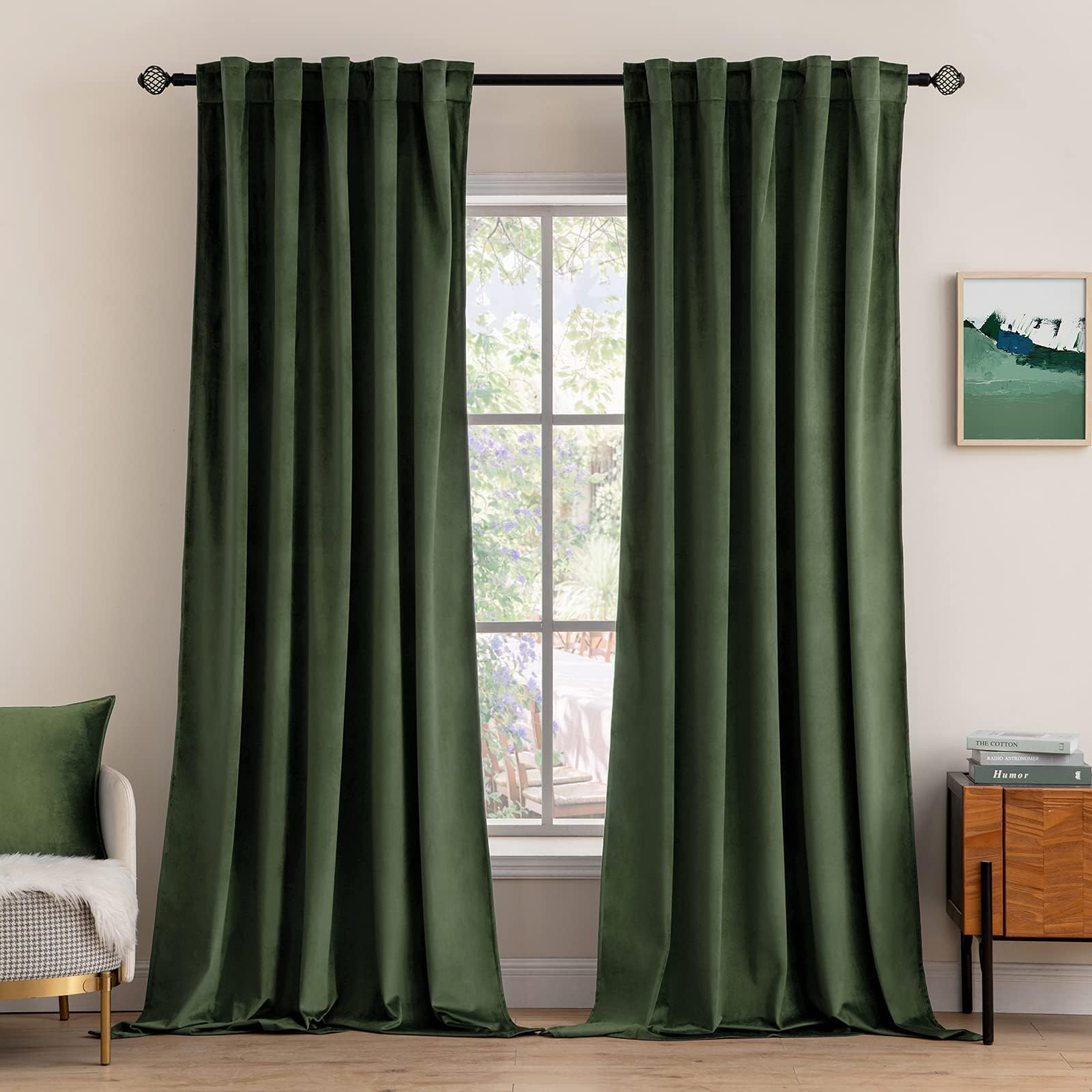 Velvet Curtains 96 inches 2 Panels - Luxury Blackout Curtains for Bedroom Living Room Thermal Insulated Super Soft Window Drapes Rod Pocket & Back Tab, Olive Green, W52 x L96 inches