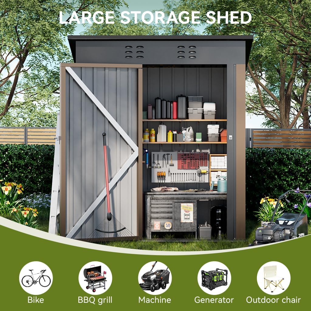 A large storage shed filled with various items like a bicycle, BBQ grill, lawnmower, generator, and outdoor chair.