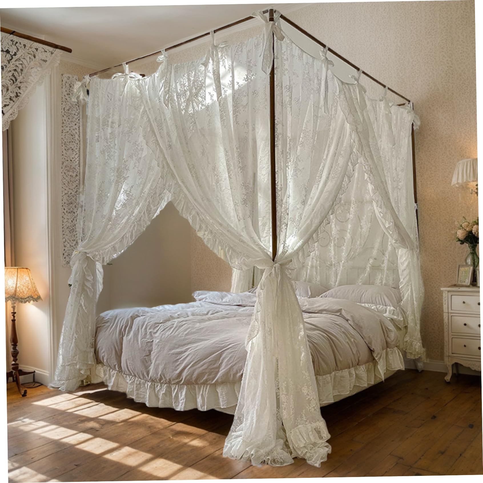 Rideaux de lit à baldaquin à Trois Ouvertures en Dentelle, Ciel de lit Princesse, 4 Coins, Rideaux Suspendus avec Attaches, Convient Une décoration Romantique Chambre Coucher 1, 5 m pou