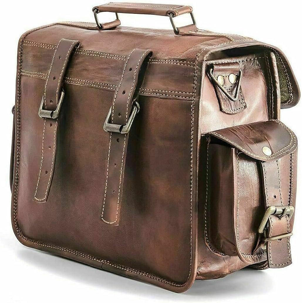 Hand-Crafted Genuine Vintage Leather Motorcycle Saddle Bag Brown Panniers Luggage Tool Pouch Side Bag, 11inch Width 9inch Height 5inch Deep