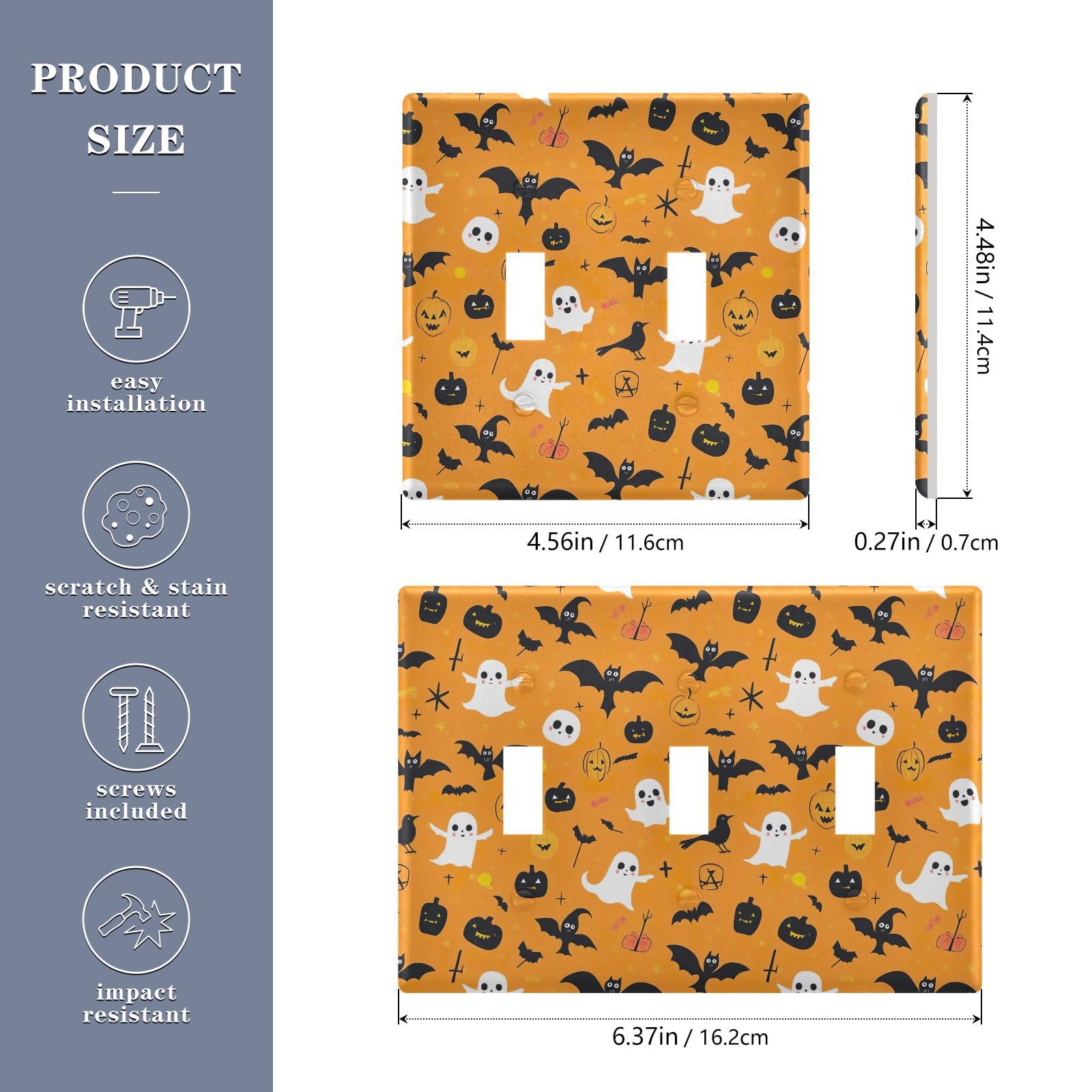 Light Switch Cover Halloween Pumpkin Ghosts Bats Wall Plates for Electrical Outlets 3 Gang 202b7136