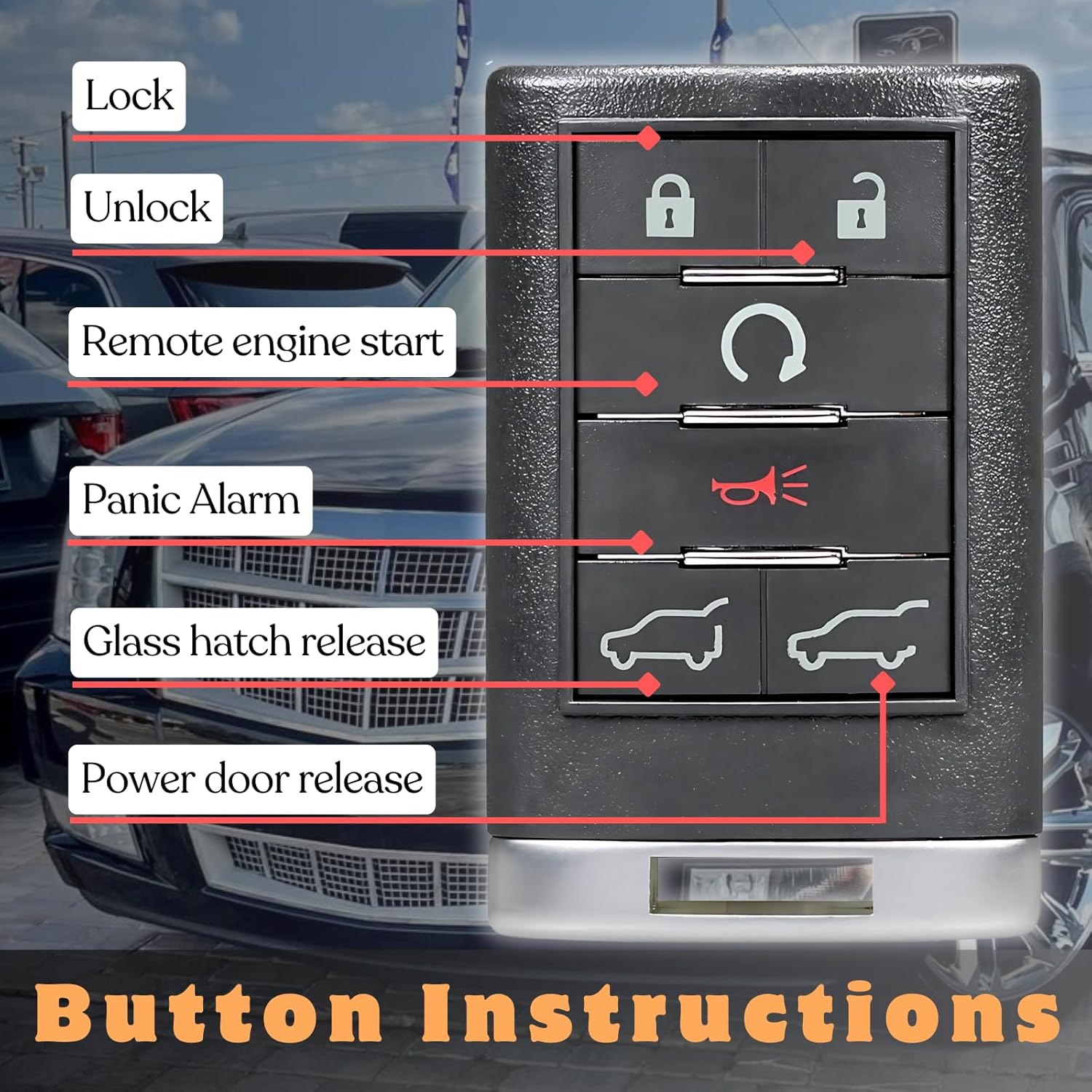 Replacement Keyless Entry Remote Car Key Fob for 2007 2008 2009 2010 2011 2012 2013 2014 Cadillac Escalade ESV, FCCID-OUC6000066, 315MHz 6 Buttons