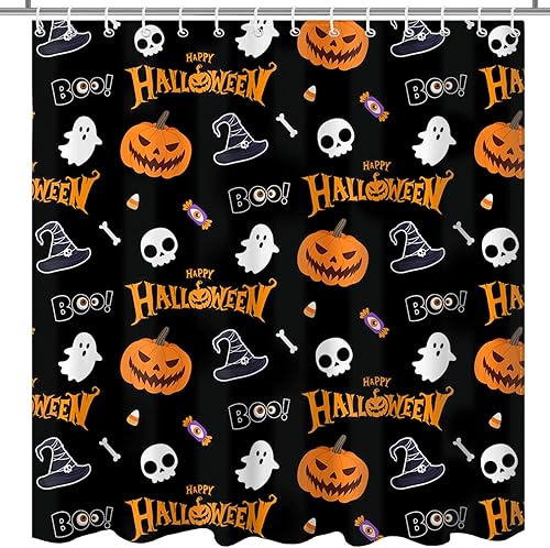 Miniatura 7 de Cortina de ducha de Halloween para baño, cortina de ducha de calabaza fantasma con calavera de caramelo para decoración de baño de Halloween, 72 x