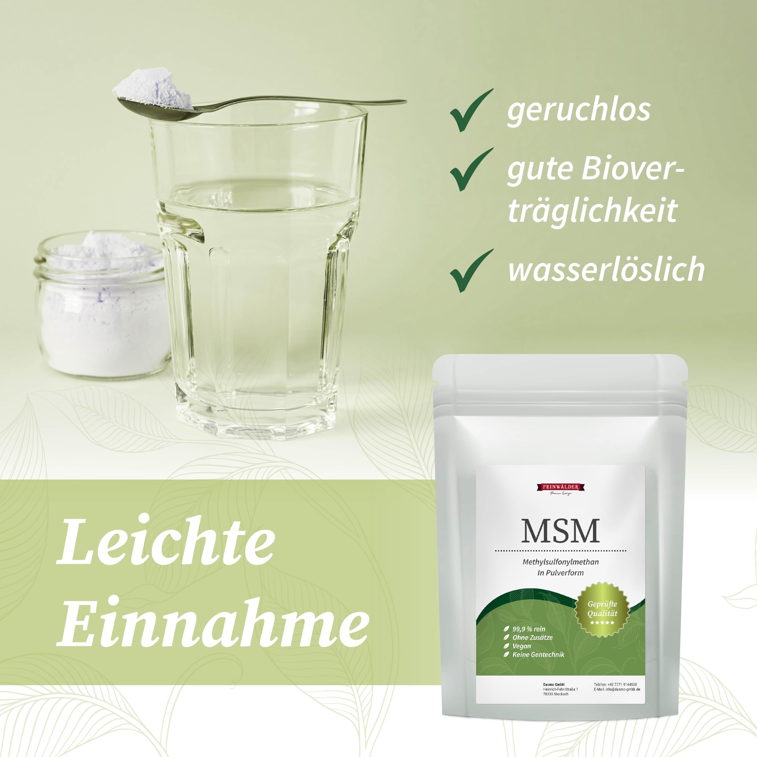 Feinwälder® MSM Poudre 1000g - 99,9% Pureté Premium Soufre Organique Methylsulfonylméthane sans additifs