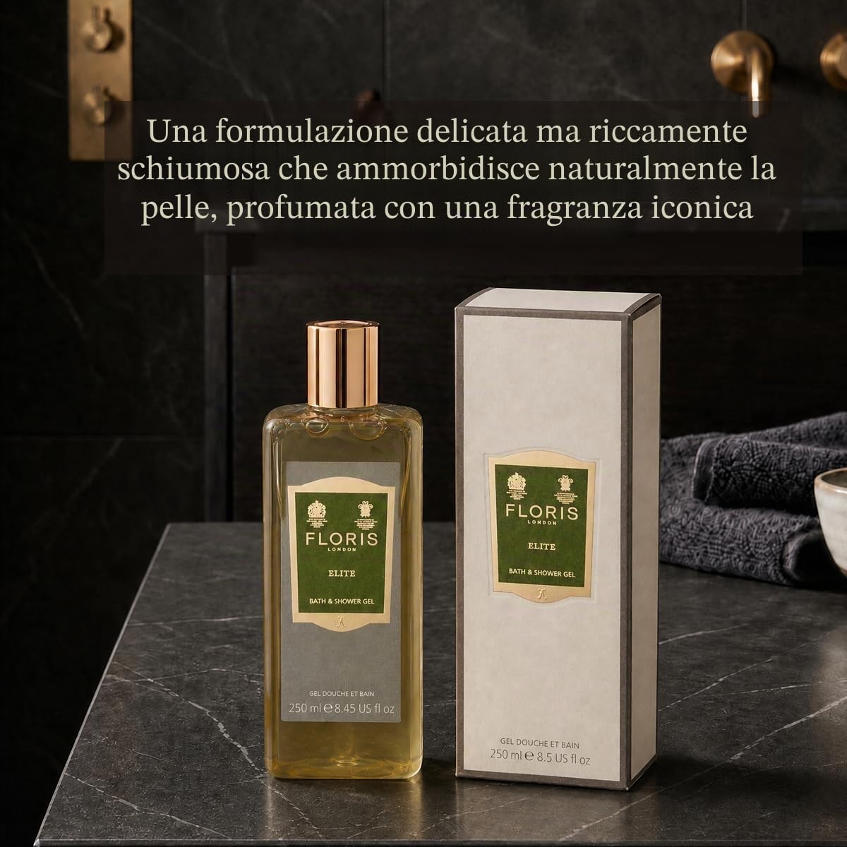 Floris London Elite - Gel doccia e bagno idratante (250 ml), fragranza legnosa e morbida, schiumogeno delicato, arricchito con olio d'oliva per ammorbidire la pelle e prevenire la perdita di umidità