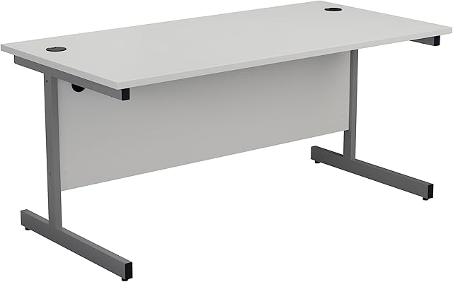Office Hippo Heavy Duty Rectangular Cantilever Office Desk, Home Office Desk, Office Table + Integrated Cable Ports, PC Desk For Office or Home, 5 Yr Wty - Silver Frame/White Top, 120cm x 80cm