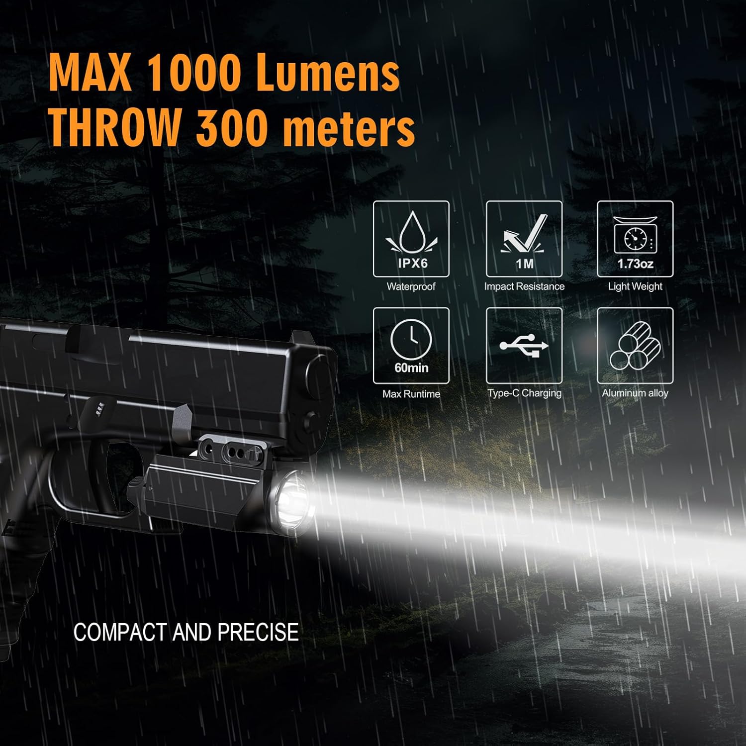 VTIGER Compact LED Weapon Light, 1000 Lumen 984 FT Long Range Mini Pistol Light, Adjustable Rail Locating Small Tactical Flashlights Compatible with GL, 1913 Picatinny, Weaver Rails IPX6