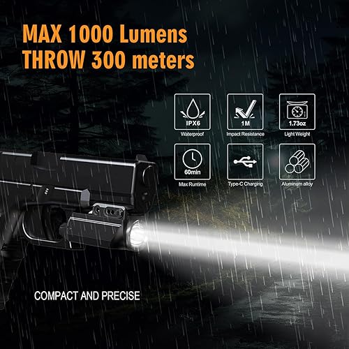 Miniatura 2 de VTIGER Luz LED compacta para armas, 1000 lúmenes, 984 pies de largo alcance, mini luz de pistola de largo alcance, riel ajustable localizando