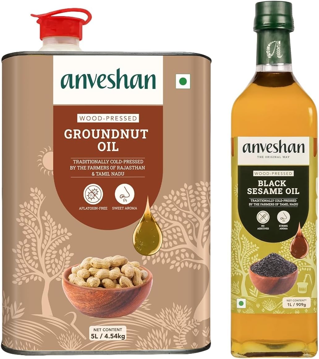 Anveshan Combo of Wood Pressed Groundnut Oil 5L and Black Sesame Oil 1L | Kolhu/Kacchi Ghani/Chekku | Natural | Chemical-Free | Cold Pressed Oil for Cooking