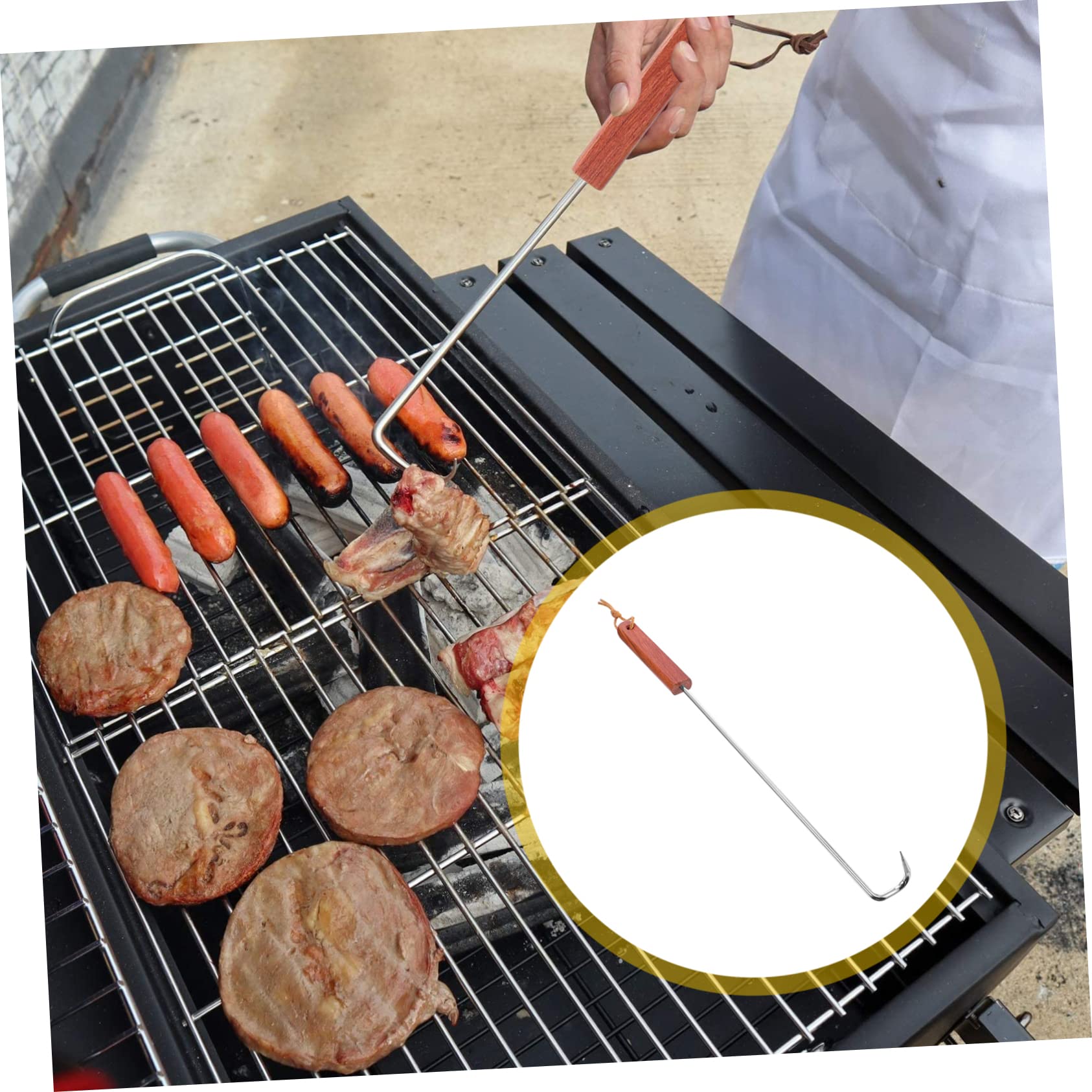 KOCKSHION 1pc Portable Bbq Turner Meat Flipper Stainless Steel Hook Cooking Utensil Handle for Grilling Ribs Steaks