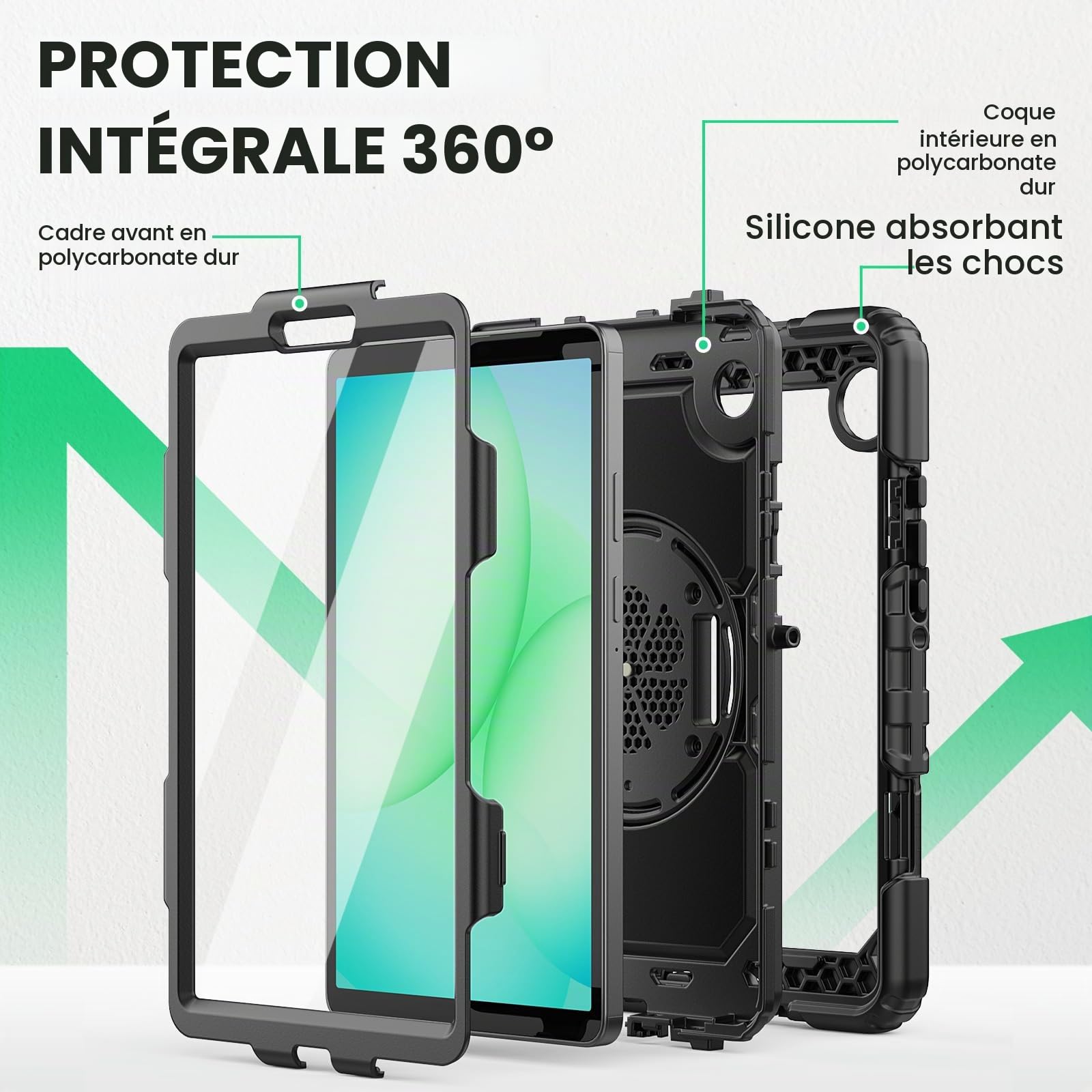 SEYMAC Coque pour Samsung Galaxy Tab A11/A9 8.7 Pouces 2025/2023,Coque Antichoc pour Galaxy A11 avec Protecteur D'écran,Support Rotatif à 360°/Dragonne,Bandoulière,avec Porte-Stylo,Noir