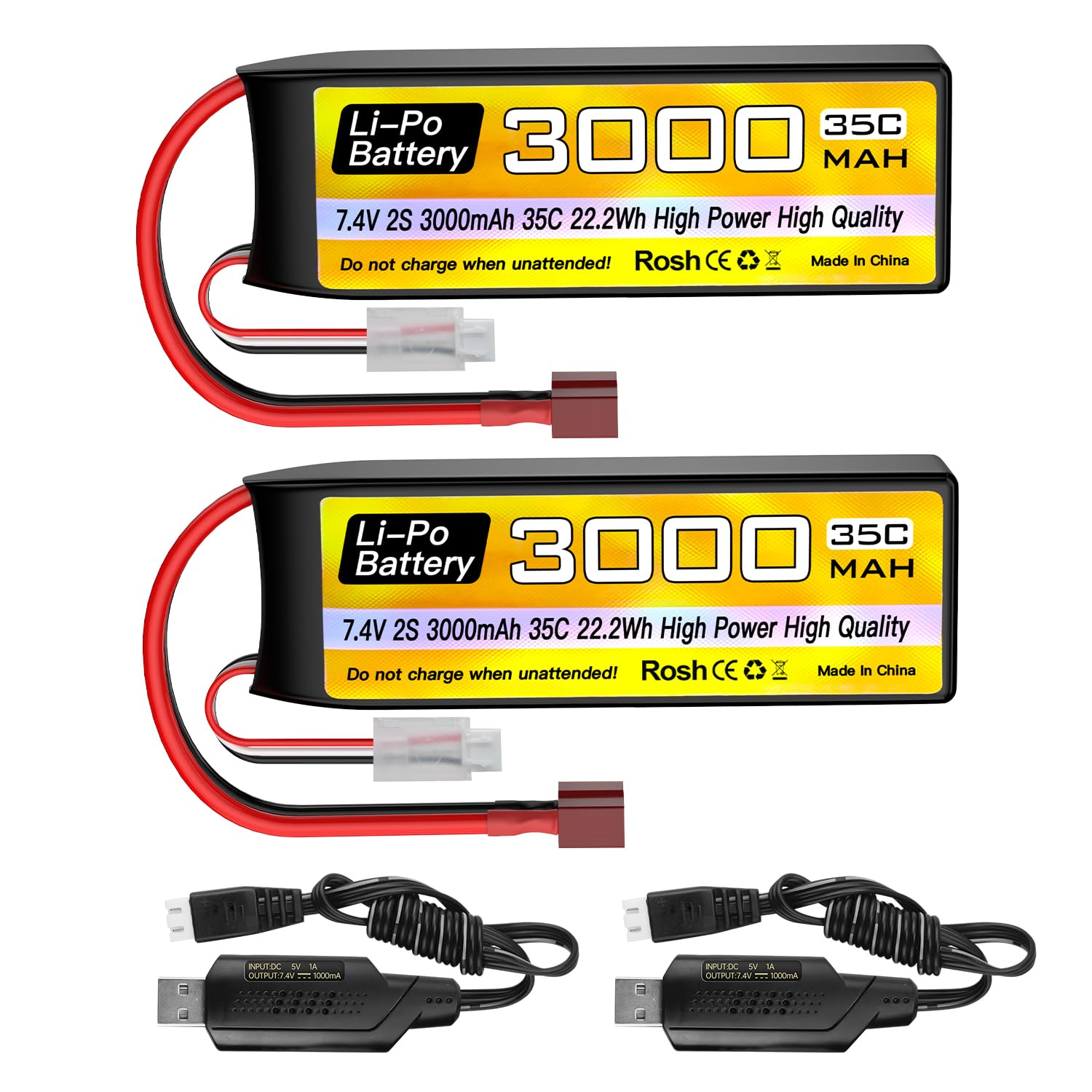 2PCS 7.4V 3000mAh 2S Lipo batteria 35C T-plug con cavo di ricarica USB per RC Auto Camion RC Barca RC Quadcopter FPV Drone Batteria