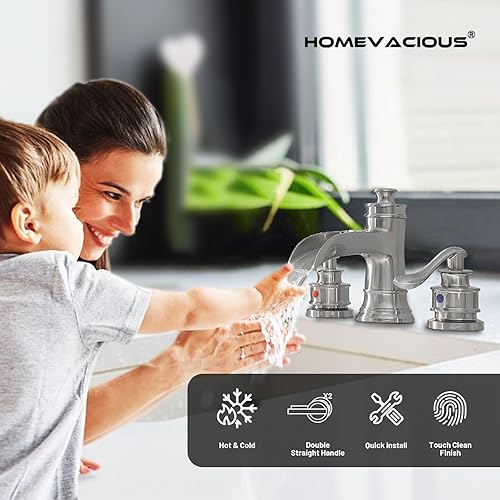 Miniatura 2 de Grifo de baño de 8 pulgadas, 3 agujeros, 2 asas, níquel cepillado, cascada, grifo de lavabo de baño con desagüe emergente, grifo mezclador con línea