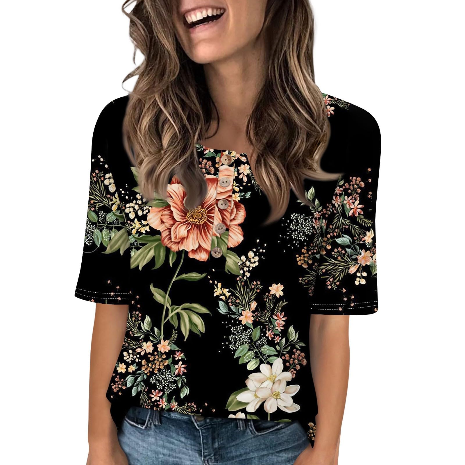 Womens Summer Tops Elbow Sleeve Tops Women Button Down T Shirts Scoop Neck Striped Floral Blouses Dressy Casual