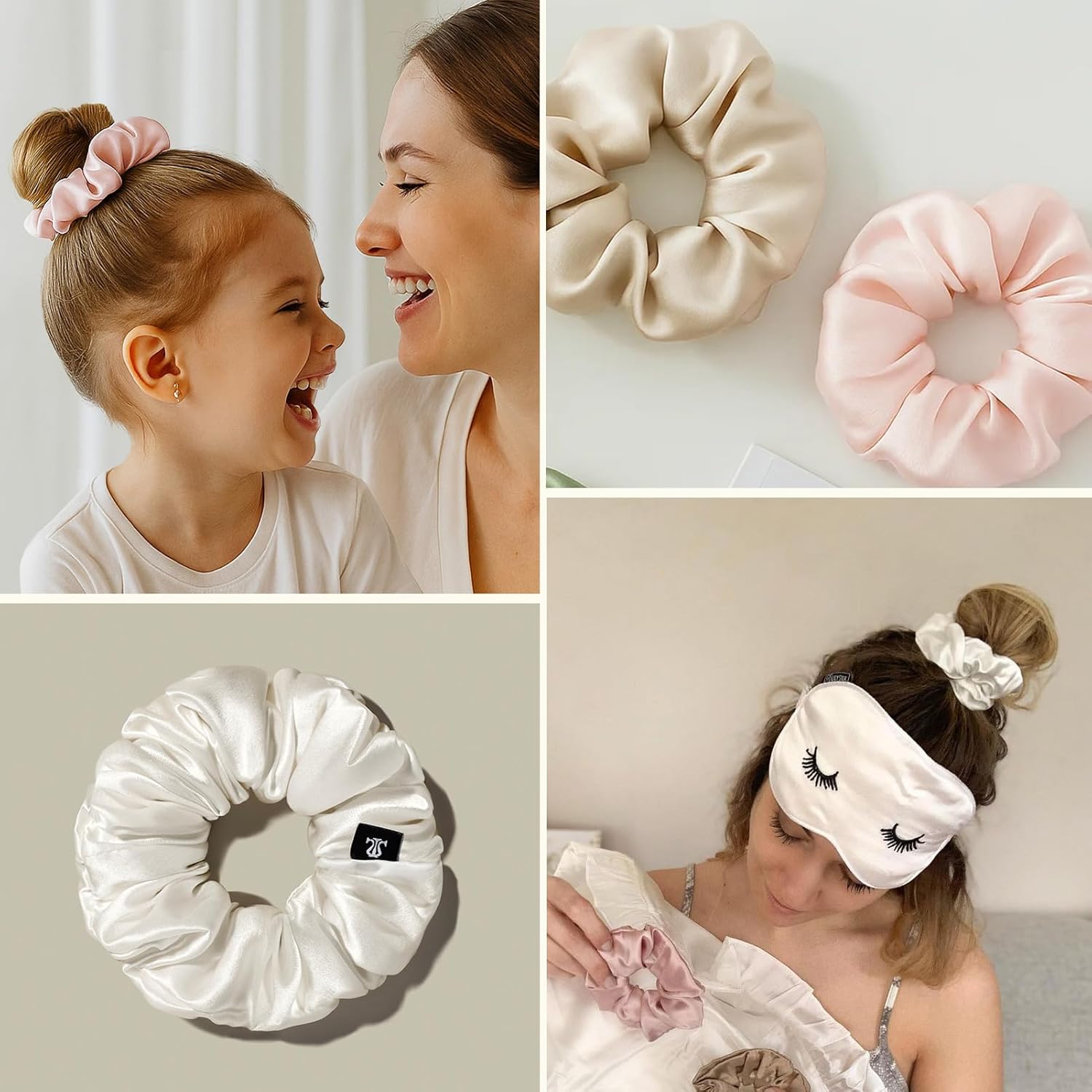 LILYSILK Silk Hair Scrunchies Ties for Frizz & Breakage Prevention 100% Mulberry Elastic Ponytail Holder 5PC (ivory+light coffee+pale pink+coffee+gravel gold)