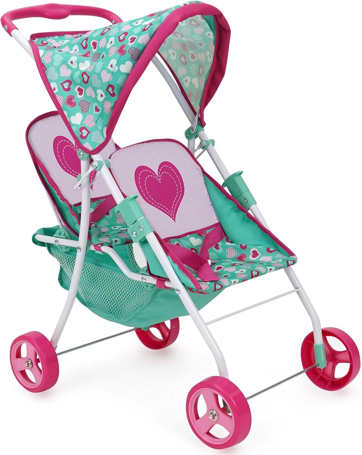 509 Crew: Mint Heart - Tandem Twin Doll Stroller - Hot Pink & Green, Storage Basket, Retractable Canopy, Folding, Accessory, Pretend Play Toy, Kids 3+
