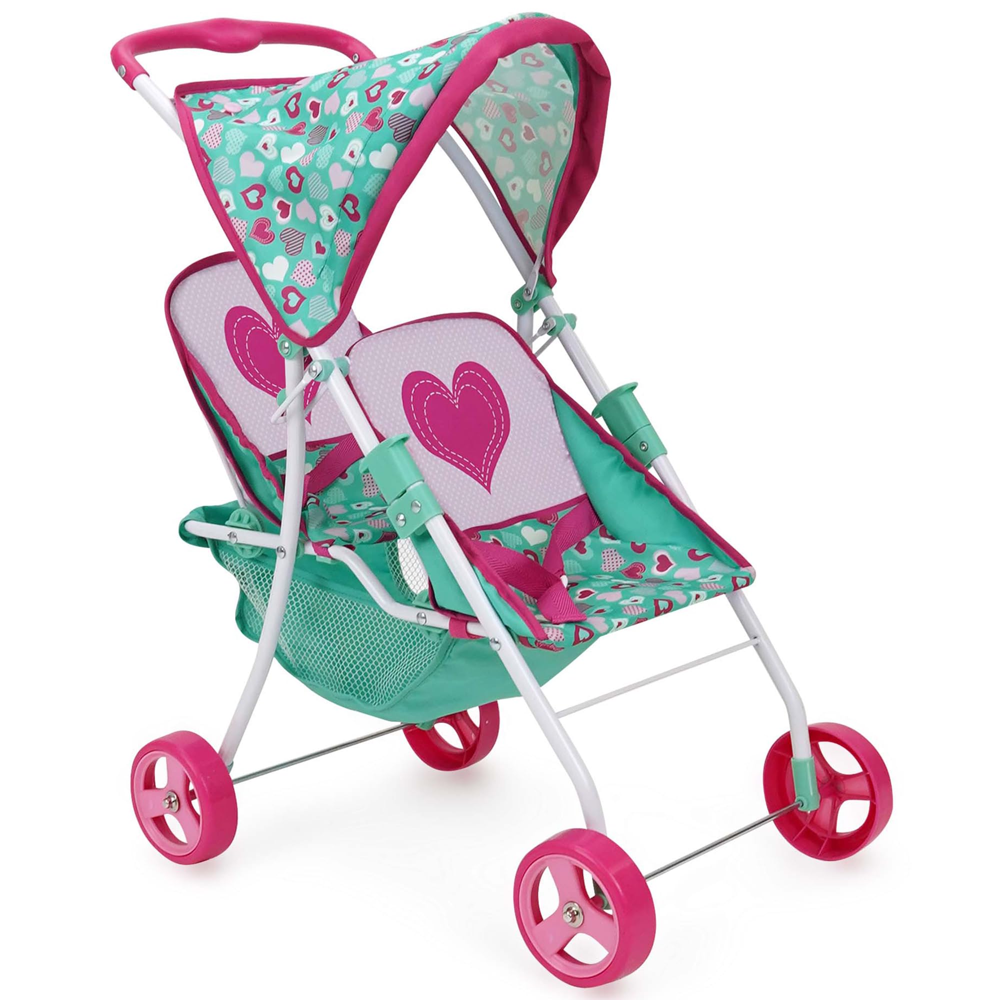 509 Crew: Mint Heart - Tandem Twin Doll Stroller - Hot Pink & Green, Storage Basket, Retractable Canopy, Folding, Accessory, Pretend Play Toy, Kids 3+