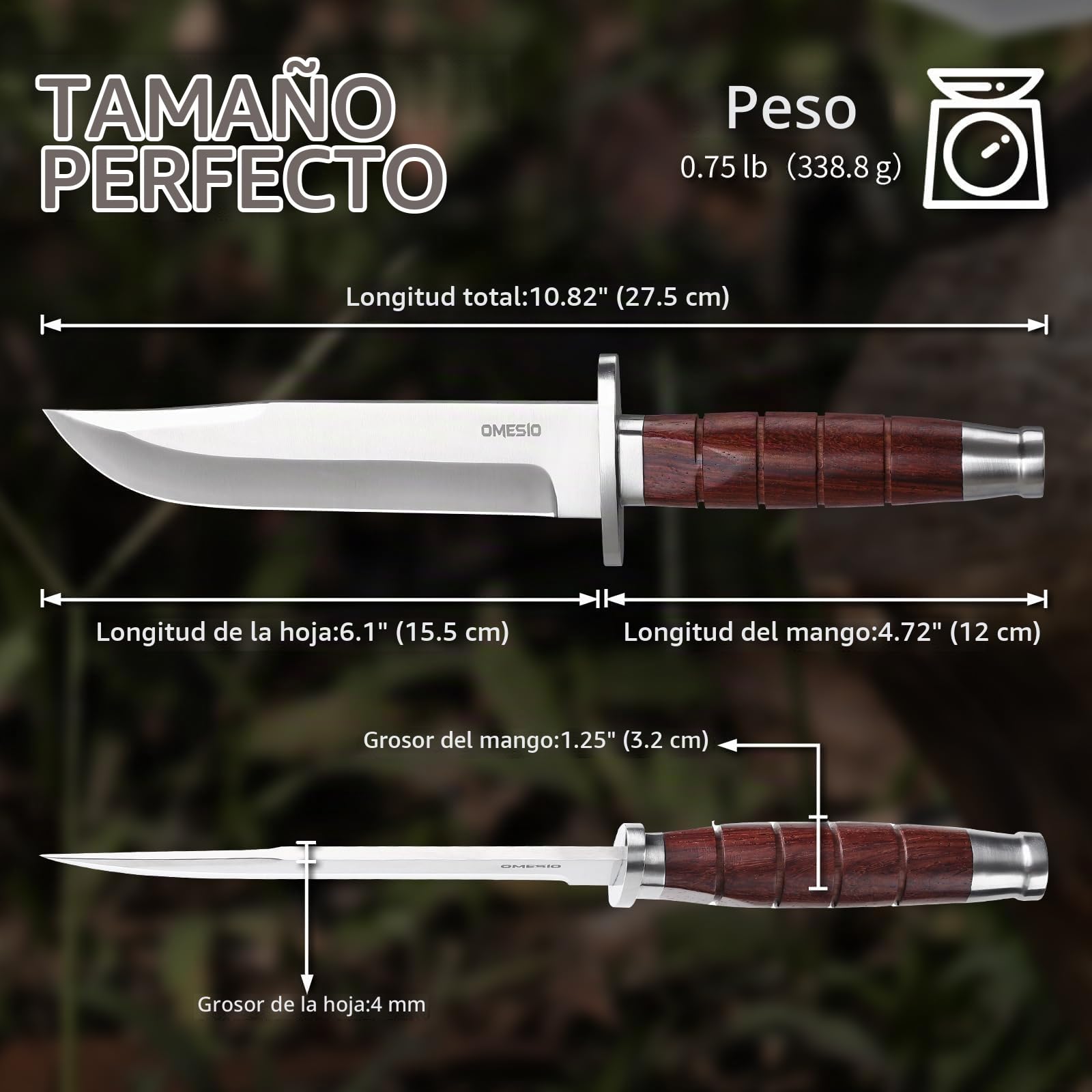Omesio Cuchillo Outdoor Hoja Fija 5Cr14MoV con Funda de Cuero | Mango de madera maciza con funda de cuero, ideal para camping, senderismo y actividades al aire libre.
