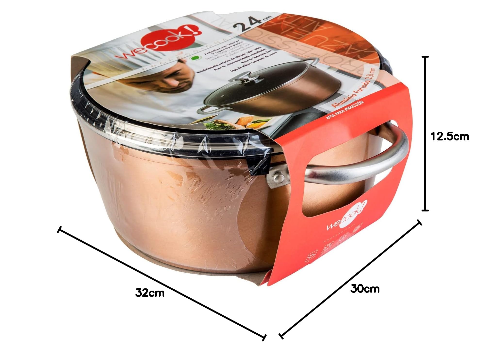 WECOOK! Professional Casseruola Alta Induzione 28cm, Coperchio di Vetro, Antiaderente Ecologico senza PFOA, Alluminio Forgiato, 2,8mm Spessore, Rame, Maniglia in Acciaio Inox, Vitroceramica, Forno