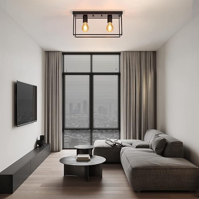 Homefire Homefire Plafondlamp E27 Plafondlamp Retro - Zwarte Industriële Hal Lamp voor Slaapkamer Woonkamer Vintage Lamp Metaal met 2 Vlammen Plafondverlichting voor Keuken max. 25W - Zonder Lamp photo 2