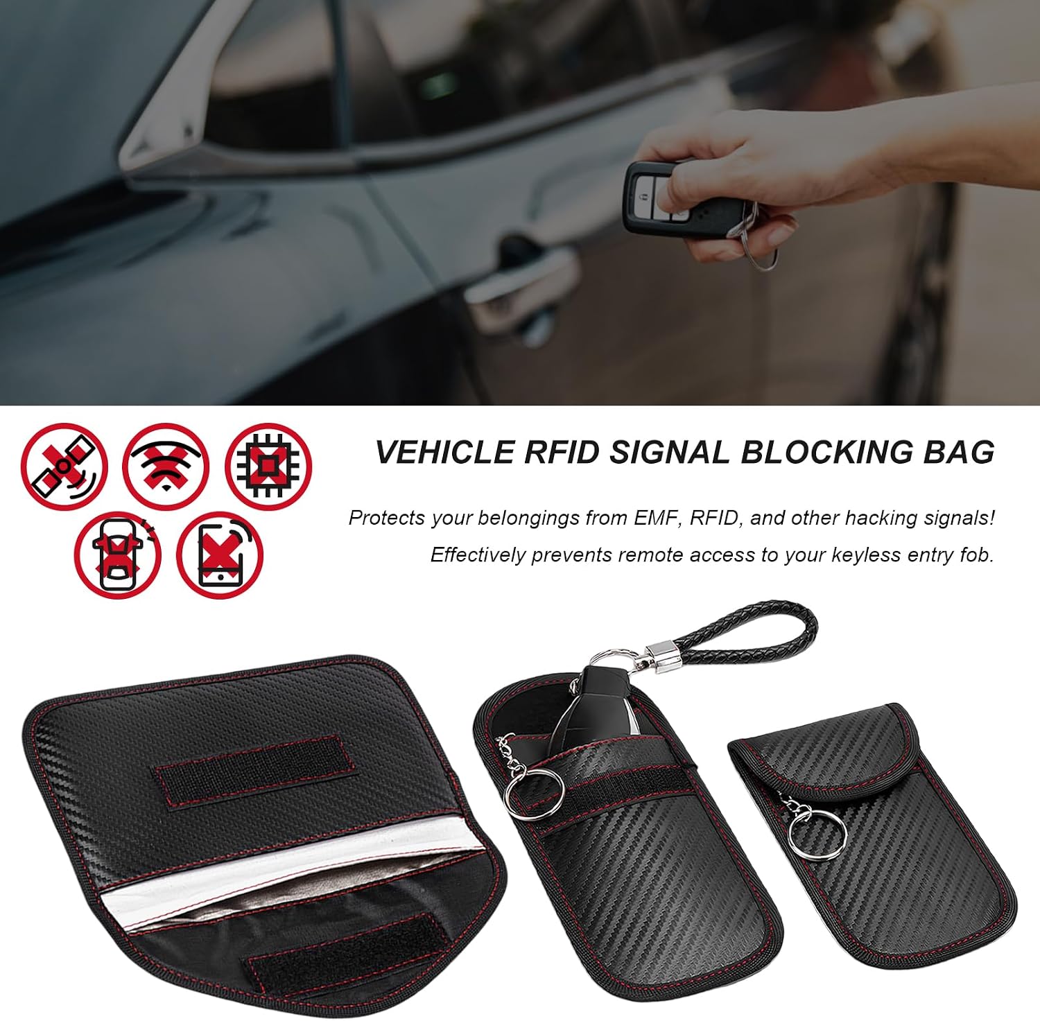 Faraday Pouch for Car Keys, Carbon Fiber RFID/WiFi/GPS Signal Blocking Holder Anti-Tracking Case, Anti-Theft Key Fob Protector Portable Security Protection Pouch, Car Accessories (Small)