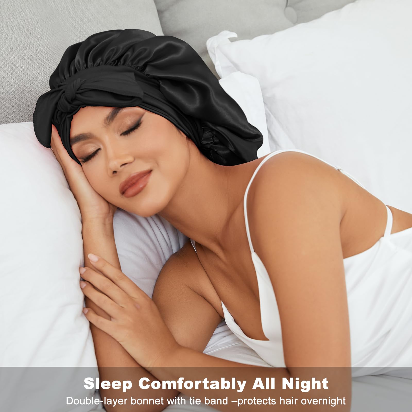 Condition photo showing New/Like New for Silk Satin Bonnet for Sleeping, Sleep Cap with Elastic Tie, Curly Hair Wrap Cap for Women, Silky Night Accessories (Color-3 Black)