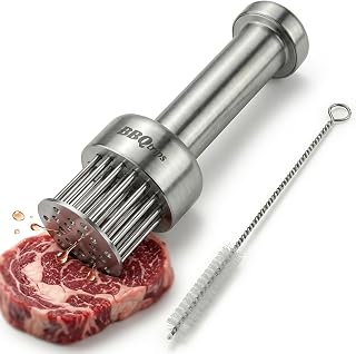 Meat Tenderizer Tool with 21 Ultra-Sharp Stainless Steel Needles - Marinade Enhancer for Steak, Beef & Chicken - Kitchen Gadget with Retractable Safety Guard & Cleaning Brush