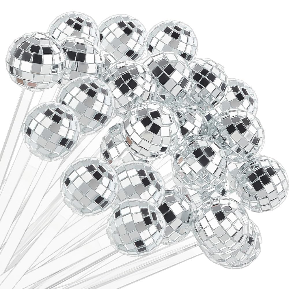 Bokon Lot de 80 mélangeurs à boisson en forme de boule disco avec dessus rond argenté effet miroir pour cocktail, café, cocktail de 19 cm pour maison, bar, enterrement de vie de