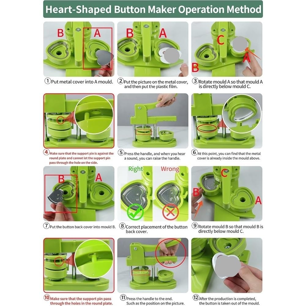 Máquina for Hacer Botones, Kit de Pines DIY sin instalación en Forma de corazón, máquina Perforadora de Insignias con Molde(Green Set)