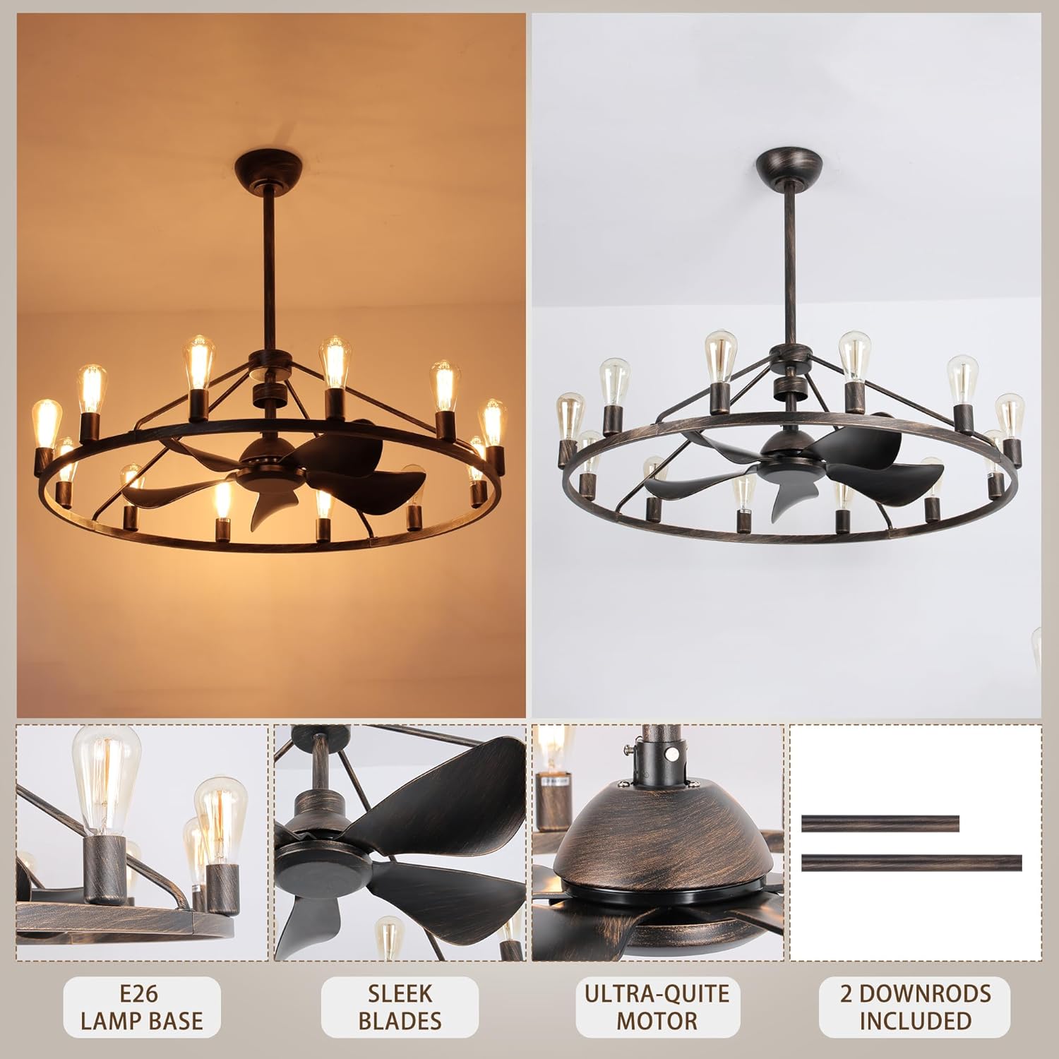 Farmhouse Ceiling Fan with Lights and Remote,Bronze Fandelier,Wagon Wheel Chandelier with Fan,44 Inch Rustic Fans for 20x25' Large Room