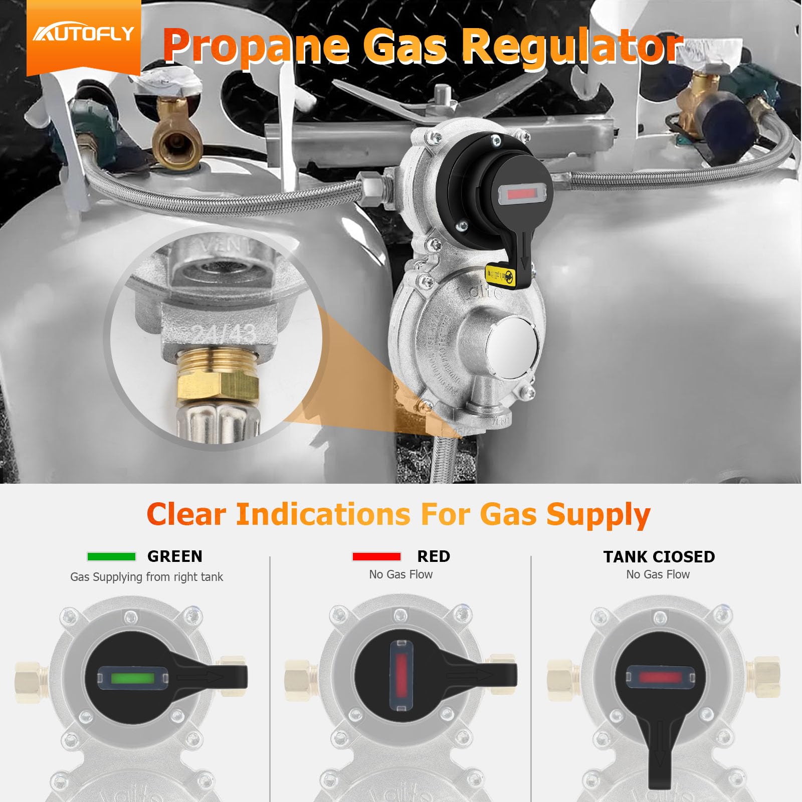 Regulador de gas propano LP de cambio automático de 2 etapas con 2 mangueras de propano de 18 pulgadas con calibre y conjuntos de manguera de regulador trenzado de acero inoxidable de 6 pies
