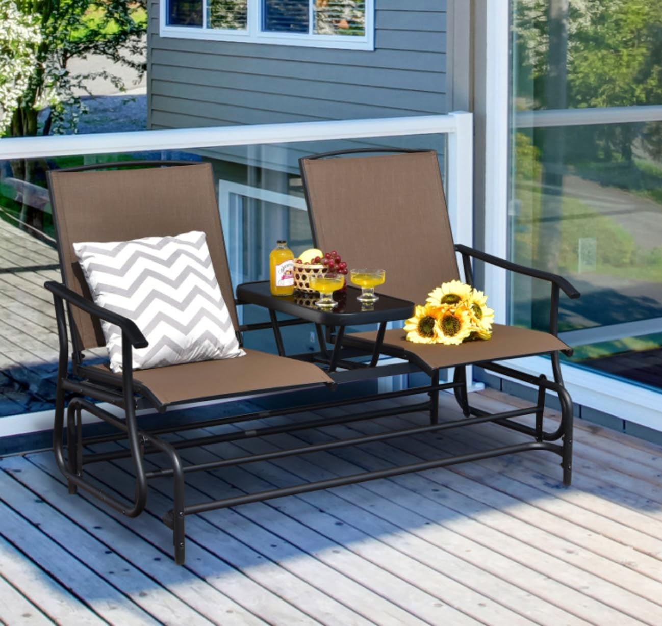 2 Seater Swing Glider Chair, Patio Rocking Loveseat Rocker w/Center Tempered Glass Table, Outdoor Swing Bench w/Steel Frame & Breathable Mesh Fabric for Porch, Deck, Balcony, Poolside, Garden (Brown)