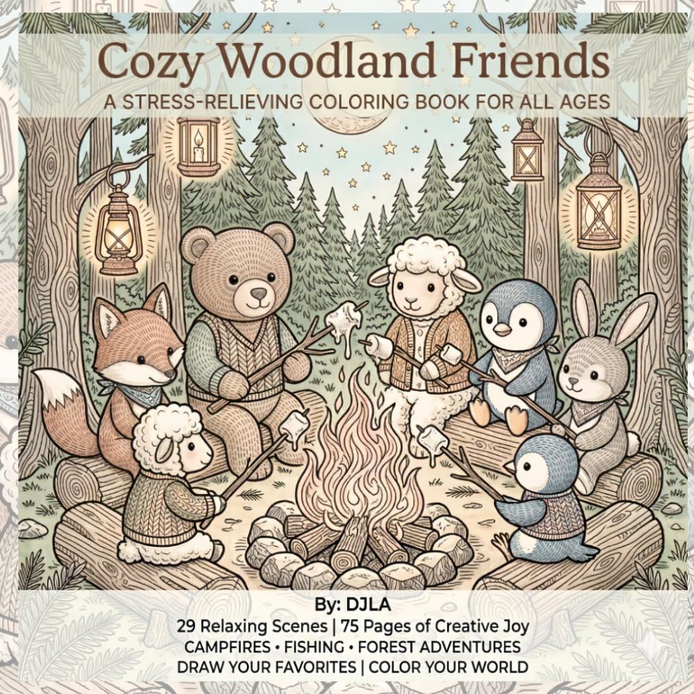 Cozy Woodland Friends: A Stress-Relieving Coloring Book for Adults, Teens and All Ages — Campfires, Fishing & Forest Adventures